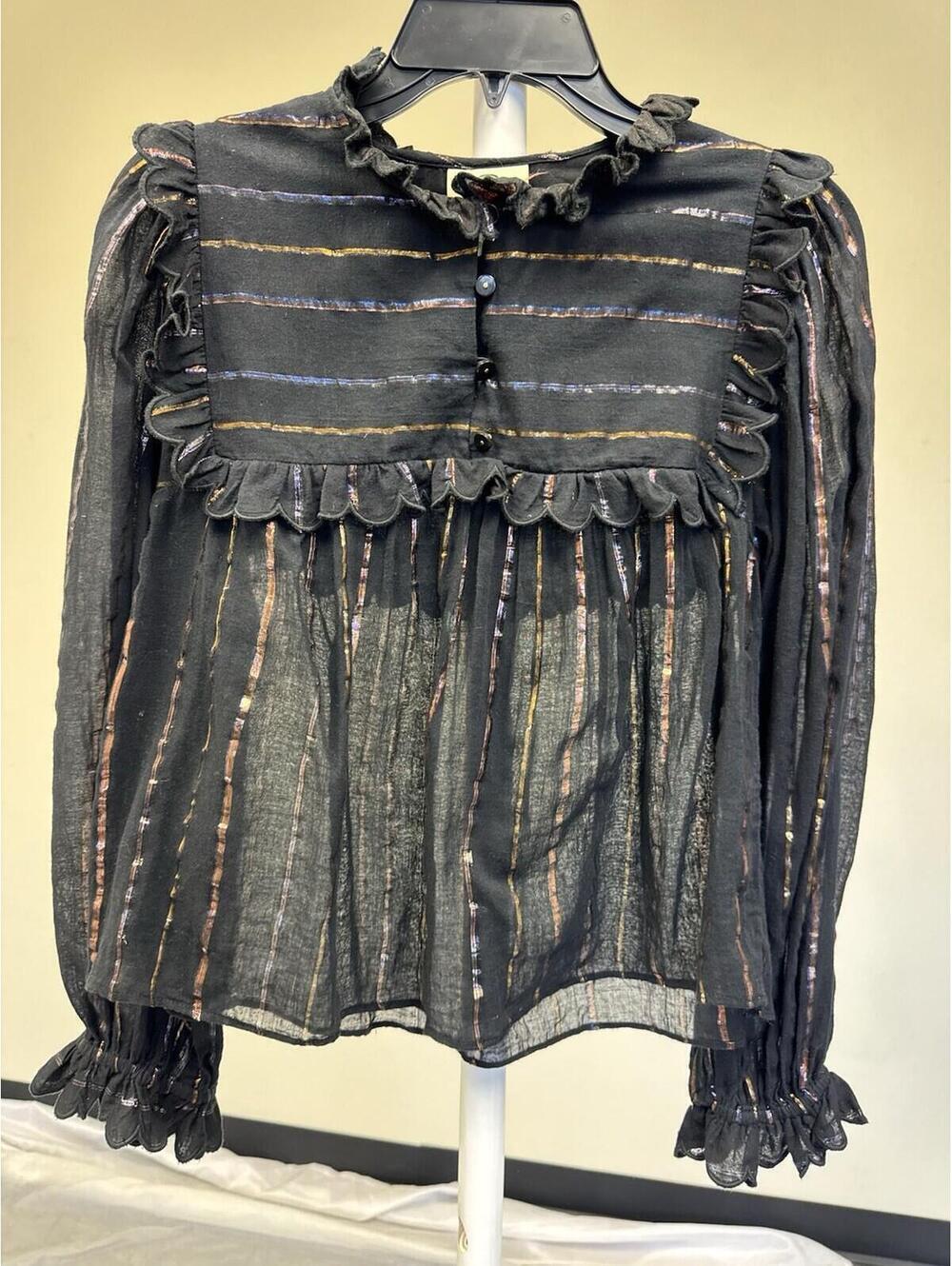 Farm Rio Top Blouse Long sleeve Stripe Ruffle Black Cotton Sz S - Picture 5 of 6